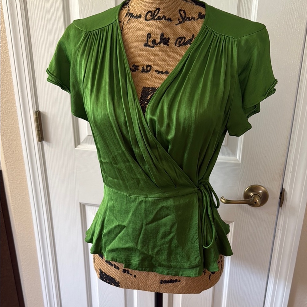 Zara Green Wrap Peplum Blouse with Flutter Sleeves